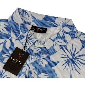 Yatta‎ Golf Polo Mens L Kahakai Polu Blue Hawaiian Floral Performance NWT